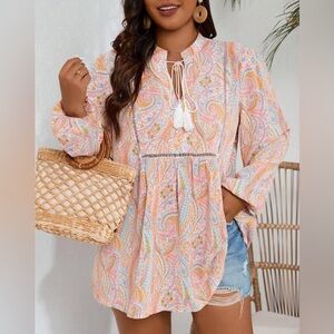 Peacock Pattern Print Tie Neck Lantern Sleeve Blouse Peplum Top